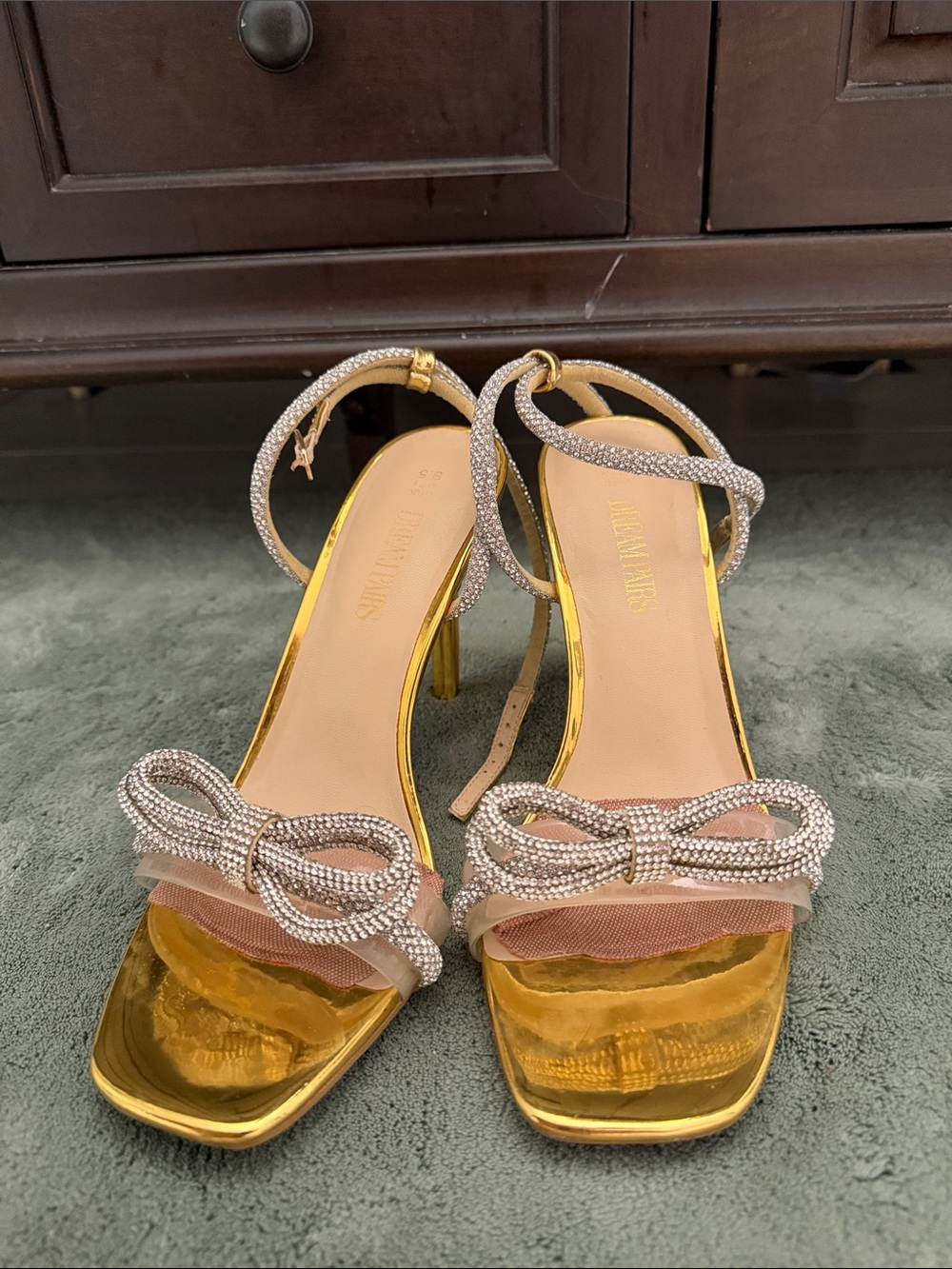 Dream Pairs Gold Metallic Heels with Crystal Bow Accents